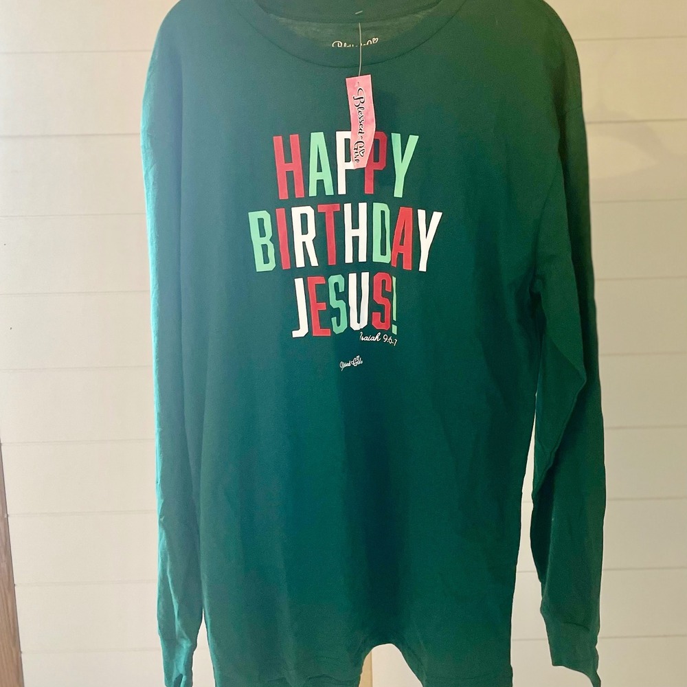 Blessed Girl Womens Long Sleeve T Shirt Happy Birthday Jesus Green Size L